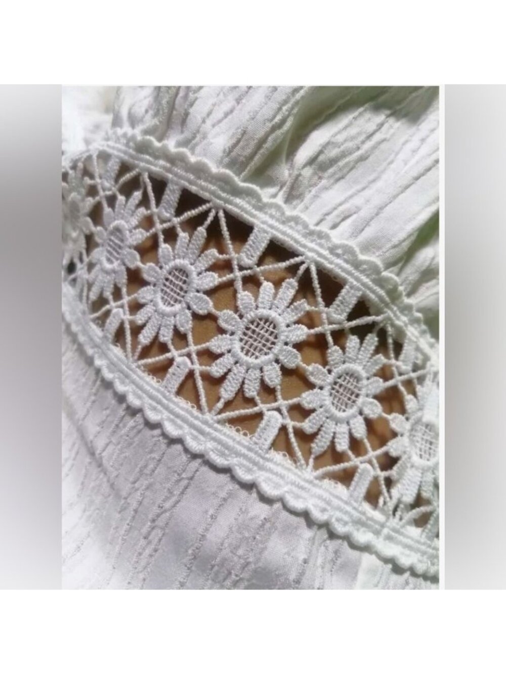 Boho Lace Insert Shirred Tube A-Line Dress White - Picture 6 of 9